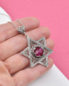 925 Sterling Silver Ruby Corundum Jewish Star Necklace, Filigree Star of David Jewish Jewelry