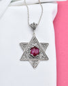 925 Sterling Silver Ruby Corundum Jewish Star Necklace, Filigree Star of David Jewish Jewelry