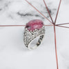 Filigree Art Rhodonite Gemstone Women Silver Dome Statement Ring