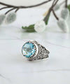 Filigree Art Blue Topaz Gemstone Women Crown Silver Statement Ring FiligranIst