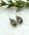Filigree Art Alexandrite Gemstone Heart Detailed Women Silver Oval Drop Earrings