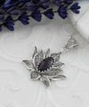 Filigree Art Amethyst Gemstone Blossoming Lotus Flower Women Silver Pendant Necklace