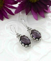 Filigree Art Amethyst Gemstone Crown Figured Women Silver Oval Drop Earrings