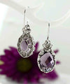 Filigree Art Amethyst Gemstone Crown Figured Women Silver Oval Drop Earrings