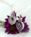 Filigree Art Amethyst Gemstone Heart Detailed Women Silver Oval Drop Earrings