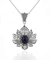 Filigree Art Amethyst Gemstone Lotus Flower Women Silver Pendant Necklace