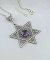 Filigree Art Amethyst Gemstone Star of David Women Silver Pendant Necklace