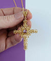 Filigree Art Amethyst Gemstone Women Gold Plated Silver Cross Pendant Necklace