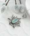 Filigree Art Aqua Chalcedony Gemstone Blossoming Lotus Flower Women Silver Pendant Necklace