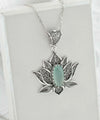 Filigree Art Aqua Chalcedony Gemstone Blossoming Lotus Flower Women Silver Pendant Necklace