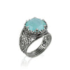 925 Sterling Silver Filigree Art Aqua Chalcedony Gemstone Cocktail Women Ring