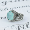 925 Sterling Silver Filigree Art Aqua Chalcedony Gemstone Cocktail Women Ring