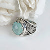 925 Sterling Silver Filigree Art Aqua Chalcedony Gemstone Crown Statement Ring