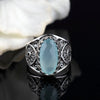 925 Sterling Silver Filigree Art Aqua Chalcedony Gemstone Oval Cocktail Ring