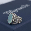 925 Sterling Silver Filigree Art Aqua Chalcedony Gemstone Oval Cocktail Ring