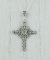 Filigree Art Aqua Chalcedony Gemstone Women Silver Cross Pendant Necklace