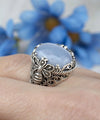 Filigree Art Bee Detailed Blue Lace Agate Gemstone Women Silver Statement Ring