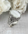 Filigree Art Bee Detailed Mother Of Pearl Gemstone Women Silver Statement Ring