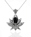 Filigree Art Black Onyx Gemstone 3D Lotus Flower Women Silver Pendant Necklace