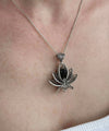 Filigree Art Black Onyx Gemstone 3D Lotus Flower Women Silver Pendant Necklace