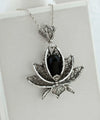 Filigree Art Black Onyx Gemstone 3D Lotus Flower Women Silver Pendant Necklace