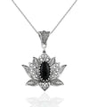 Filigree Art Black Onyx Gemstone Blossoming Lotus Flower Women Silver Pendant Necklace
