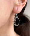 Filigree Art Black Onyx Gemstone Crown Figured Women Silver Oval Drop Earrings