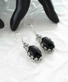 Filigree Art Black Onyx Gemstone Crown Figured Women Silver Oval Drop Earrings