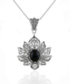 Filigree Art Black Onyx Gemstone Lotus Flower Women Silver Pendant Necklace