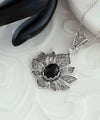 Filigree Art Black Onyx Gemstone Lotus Flower Women Silver Pendant Necklace