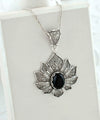 Filigree Art Black Onyx Gemstone Lotus Flower Women Silver Pendant Necklace
