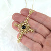 Filigree Art Black Onyx Gemstone Women Gold Plated Silver Cross Pendant Necklace