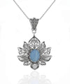 Filigree Art Blue Lace Agate Gemstone Lotus Flower Women Silver Pendant Necklace