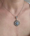 Filigree Art Blue Lace Agate Gemstone Lotus Flower Women Silver Pendant Necklace