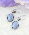 Filigree Art Blue Lace Agate Gemstone Women Silver Oval Dangle Earrings