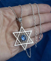 Filigree Art Blue Quartz Gemstone Star of David Women Silver Pendant Necklace