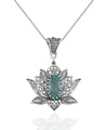 Filigree Art Blue Topaz Gemstone Blossoming Lotus Flower Women Silver Pendant Necklace