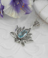 Filigree Art Blue Topaz Gemstone Blossoming Lotus Flower Women Silver Pendant Necklace