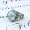 925 Sterling Silver Filigree Art Blue Topaz Gemstone Cocktail Women Ring