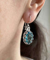 Filigree Art Blue Topaz Gemstone Crown Figured Women Silver Oval Drop Earrings