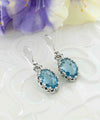 Filigree Art Blue Topaz Gemstone Crown Figured Women Silver Oval Drop Earrings