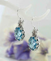 Filigree Art Blue Topaz Gemstone Crown Figured Women Silver Oval Drop Earrings