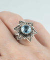 Filigree Art Blue Topaz Gemstone Daisy Flower Women Silver Cocktail Ring