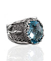 Filigree Art Blue Topaz Gemstone Tulip Detailed Silver Women Statement Ring