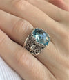 Filigree Art Blue Topaz Gemstone Tulip Detailed Silver Women Statement Ring