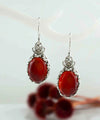Filigree Art Carnelian Gemstone Crown Figured Women Silver Oval Drop Earrings