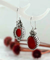 Filigree Art Carnelian Gemstone Heart Detailed Women Silver Oval Drop Earrings