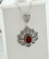 Filigree Art Carnelian Gemstone Lotus Flower Women Silver Pendant Necklace