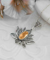 Filigree Art Citrine Gemstone Blossoming Lotus Flower Women Silver Pendant Necklace