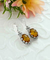 Filigree Art Citrine Gemstone Crown Figured Women Silver Oval Drop Earrings